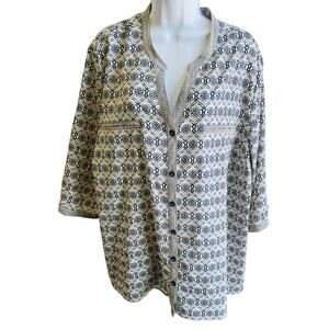 Catherines 3XWP 26/28 P Blue Print Blouse Button Down Boho Tunic Petite
